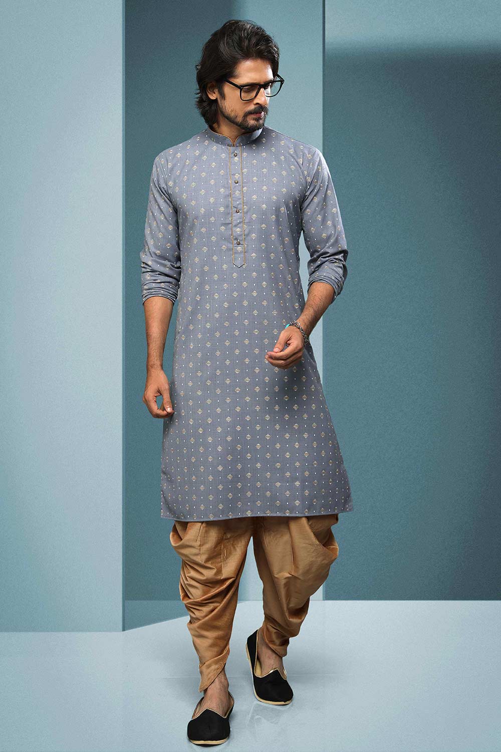 Buy Grey Silk Embroidered Kurta Dhoti Set Online - Karmaplace