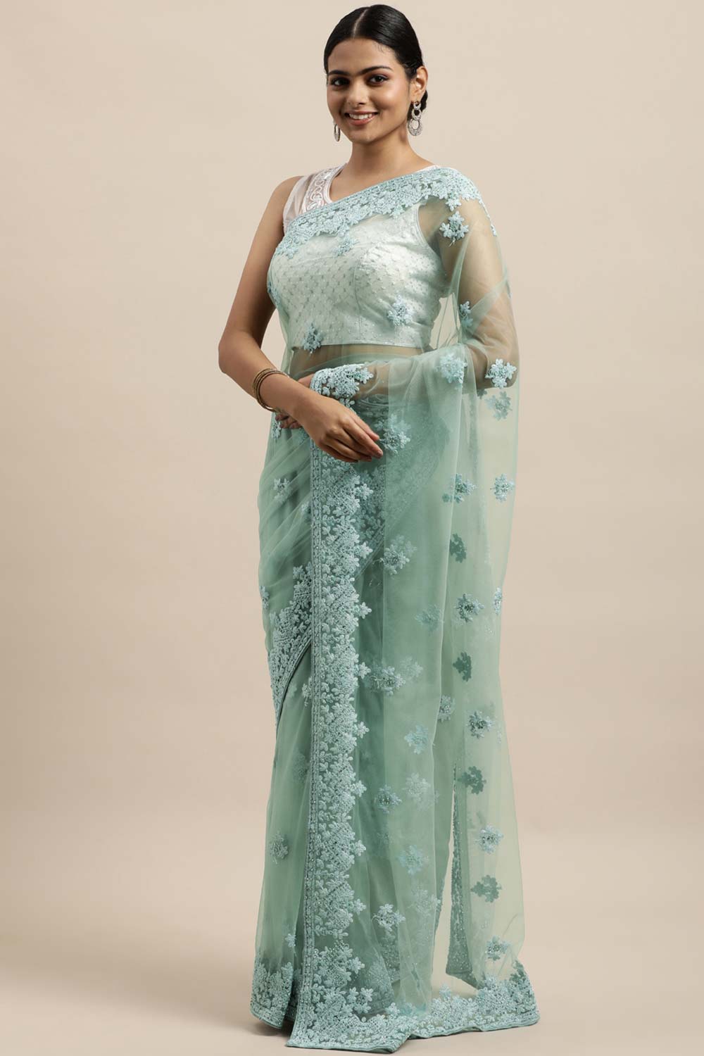 Net Embroidered Saree In Sea Green