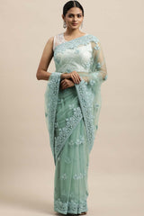 Net Embroidered Saree In Sea Green