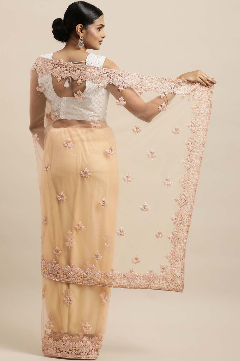 Net Embroidered Saree In Peach