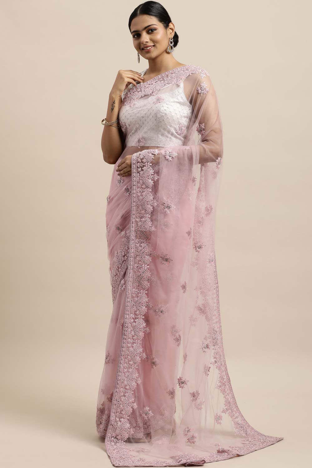 Net Embroidered Saree In Pink