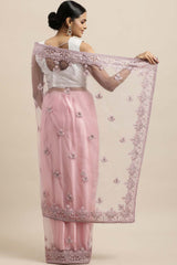 Net Embroidered Saree In Pink