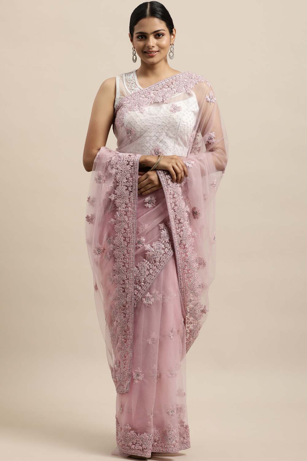 Net Embroidered Saree In Pink