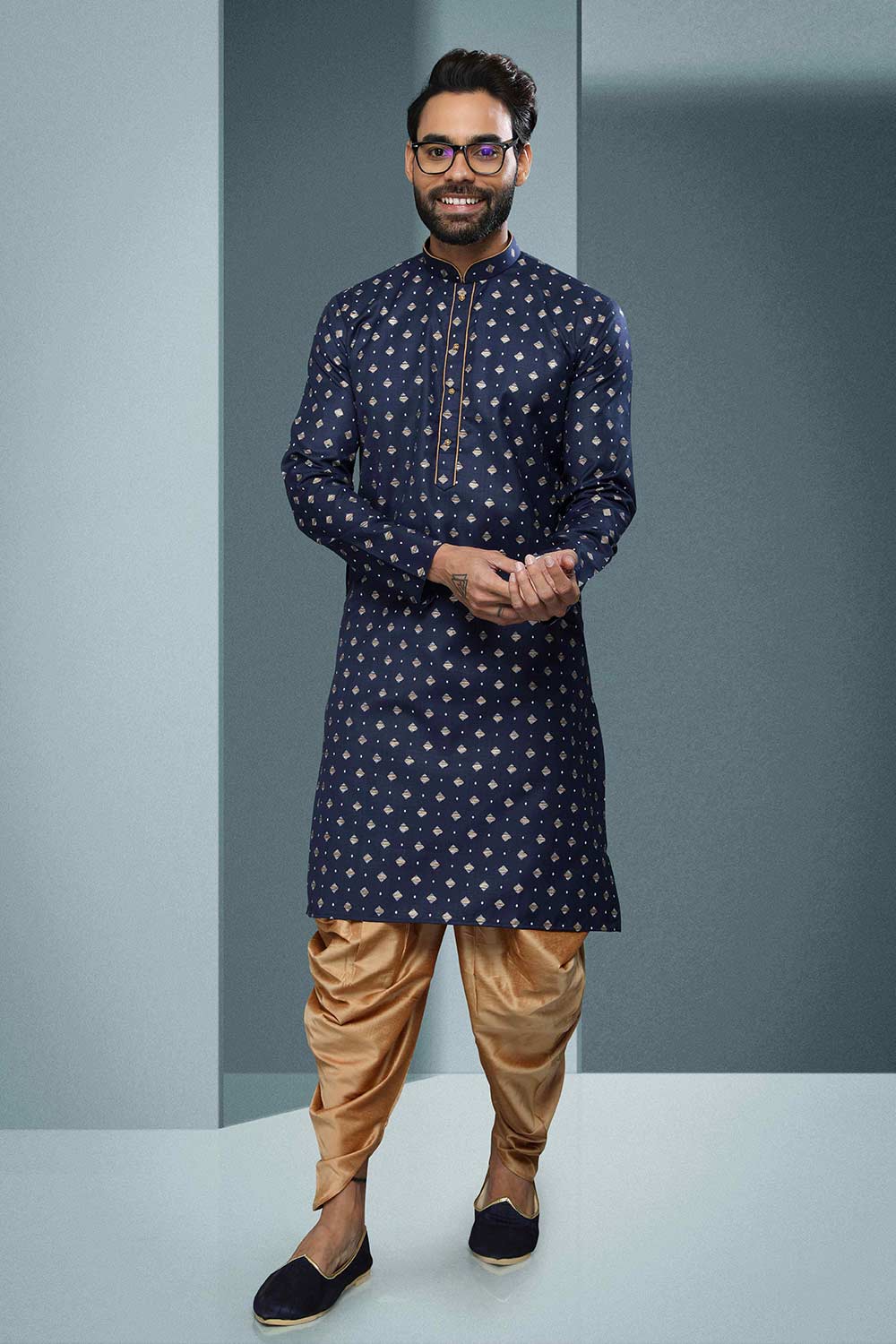 Buy Blue Silk Embroidered Kurta Dhoti Set Online - Karmaplace