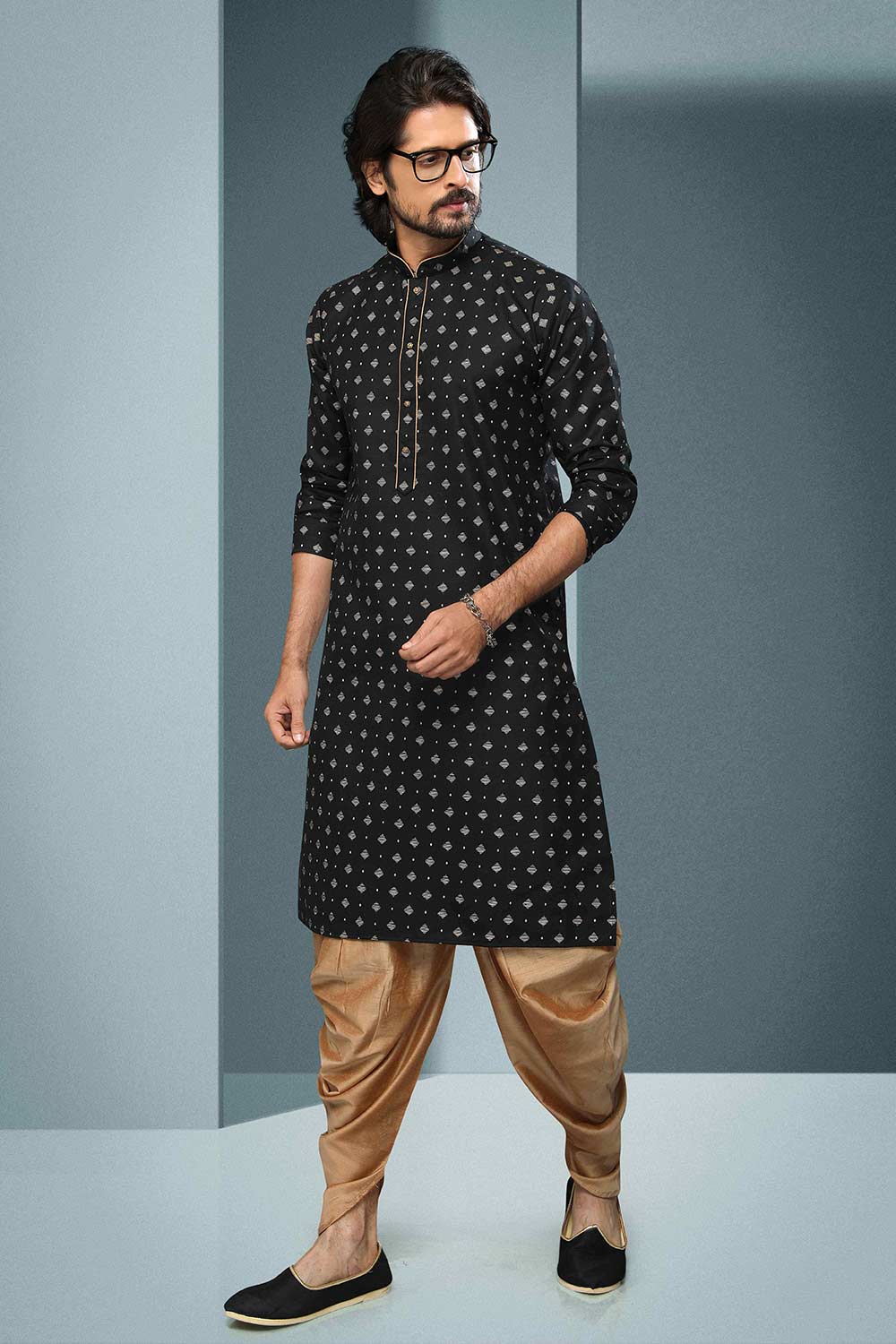 Buy Black Silk Embroidered Kurta Dhoti Set Online - Karmaplace