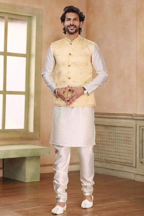 Buy Men's Yellow Jacquard Banarasi Silk Embroidered Kurta Pajama Jacket Set  Online