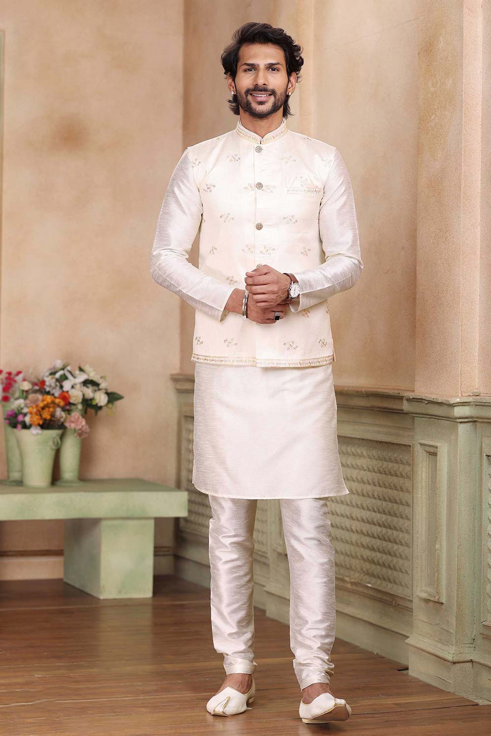 Buy Men's Cream Jacquard Banarasi Silk Embroidered Kurta Pajama Jacket Set  Online