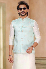 Buy Men's Green Art Silk Banarasi Jacquard Sherwani Set Online - Back