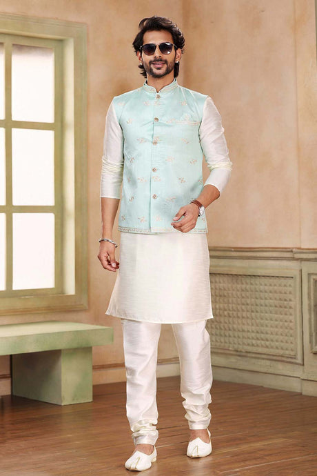 Buy Men's Pista Green Jacquard Banarasi Silk Embroidered Kurta Pajama Jacket Set  Online