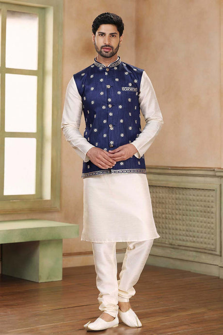 Buy Men's Blue Jacquard Banarasi Silk Embroidered Kurta Pajama Jacket Set  Online