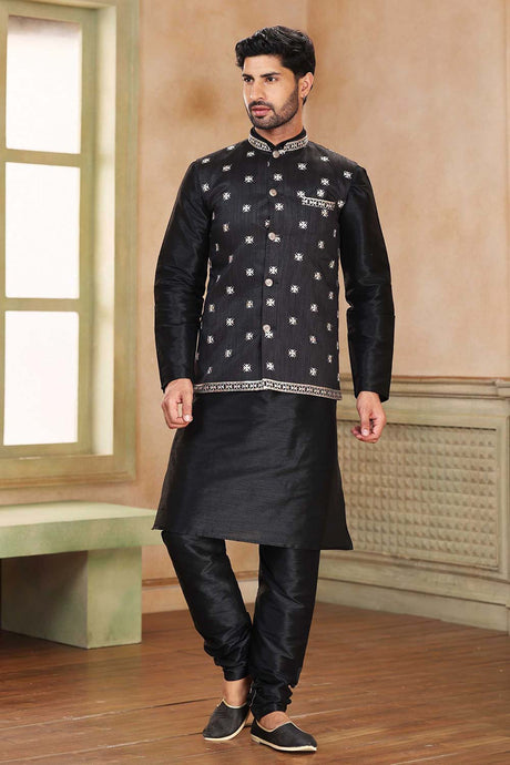 Buy Men's Black Jacquard Banarasi Silk Embroidered Kurta Pajama Jacket Set  Online