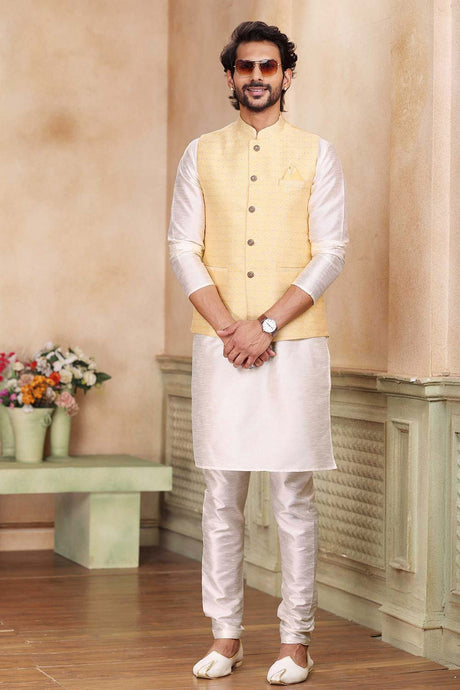 Buy Men's Yellow Jacquard Banarasi Silk Kurta Pajama Jacket Set  Online
