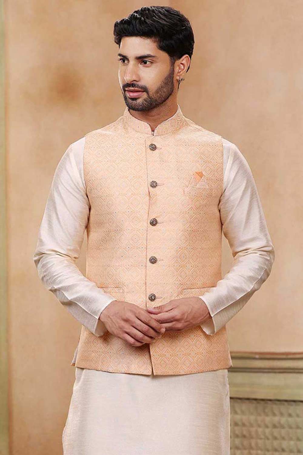 Buy Men's Pista Green Art Silk Banarasi Jacquard Sherwani Set Online - Back