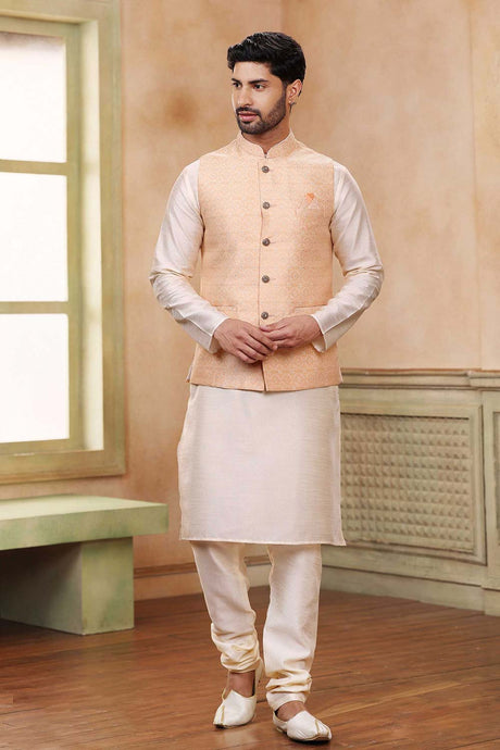 Buy Men's Peach Jacquard Banarasi Silk Kurta Pajama Jacket Set  Online