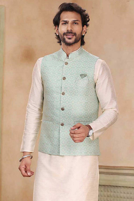 Buy Men's Yellow Jacquard Banarasi Silk Embroidered Kurta Pajama Jacket Set  Online - Back