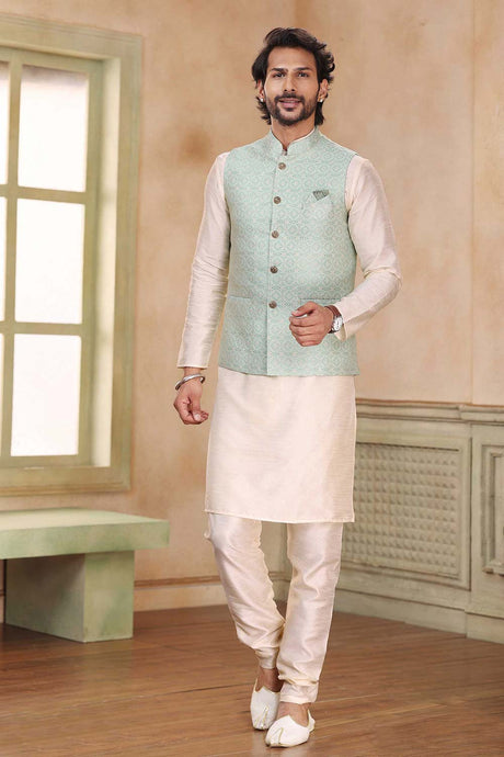 Buy Men's Pista Green Jacquard Banarasi Silk Kurta Pajama Jacket Set  Online