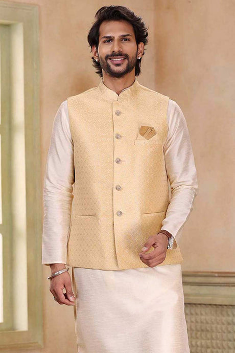 Buy Men's Cream Jacquard Banarasi Silk Embroidered Kurta Pajama Jacket Set  Online - Back