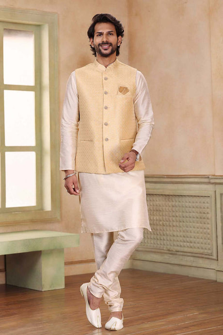 Buy Men's Beige Jacquard Banarasi Silk Kurta Pajama Jacket Set  Online