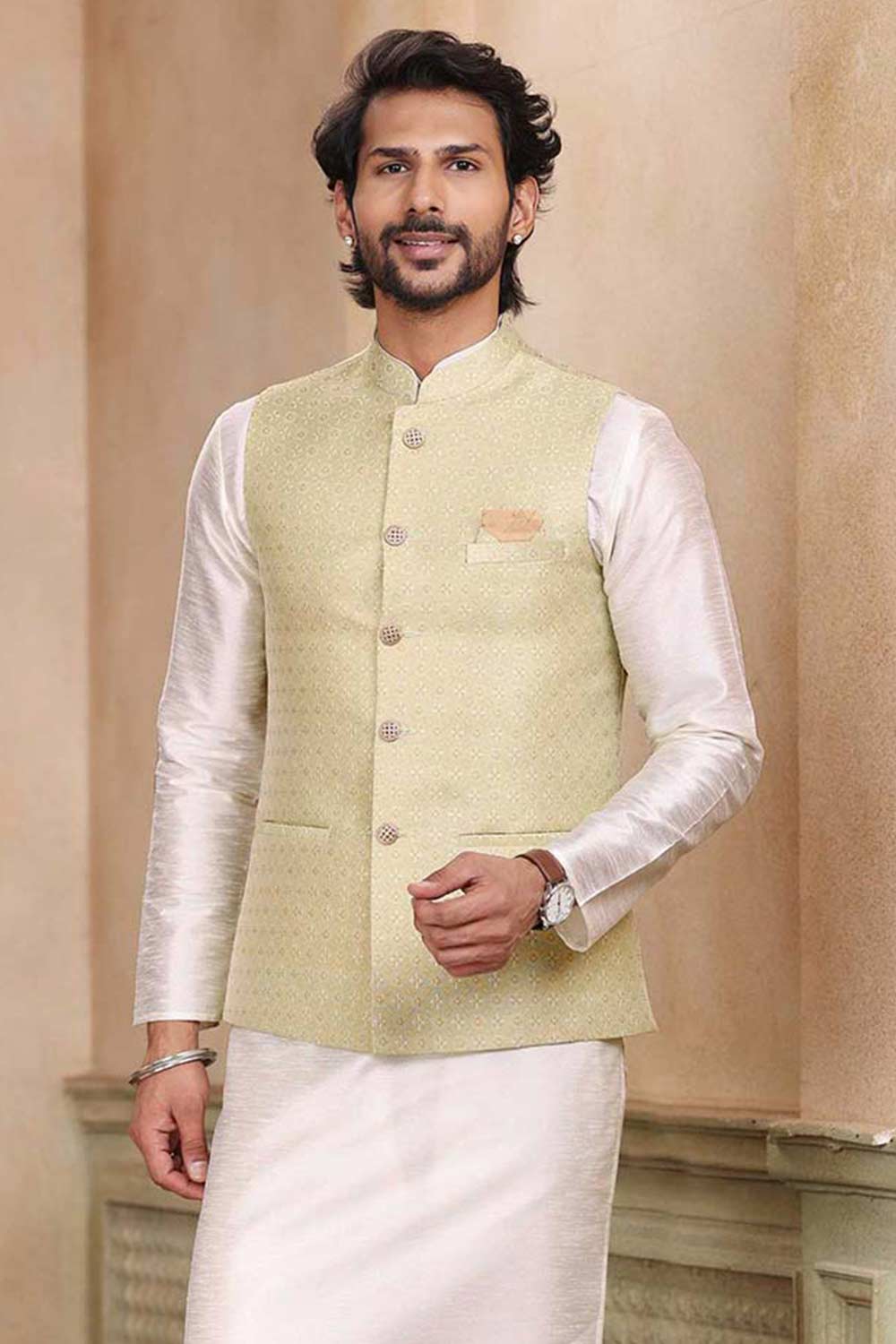 Buy Men's Pista Green Jacquard Banarasi Silk Embroidered Kurta Pajama Jacket Set  Online - Back