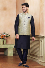 Buy Men's Cream Jacquard Banarasi Silk Kurta Pajama Jacket Set  Online