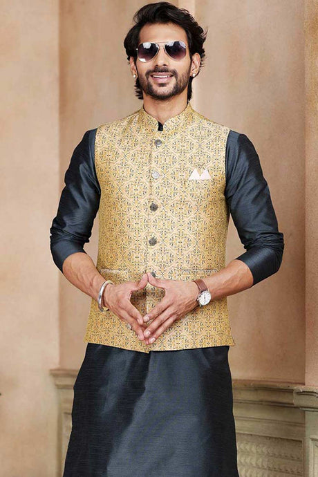 Buy Men's Yellow Jacquard Banarasi Silk Kurta Pajama Jacket Set  Online - Back