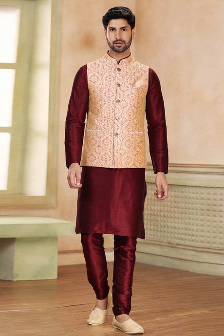 Buy Men's Beige Jacquard Banarasi Silk Kurta Pajama Jacket Set  Online