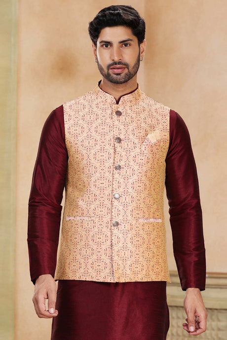 Buy Men's Peach Jacquard Banarasi Silk Kurta Pajama Jacket Set  Online - Back