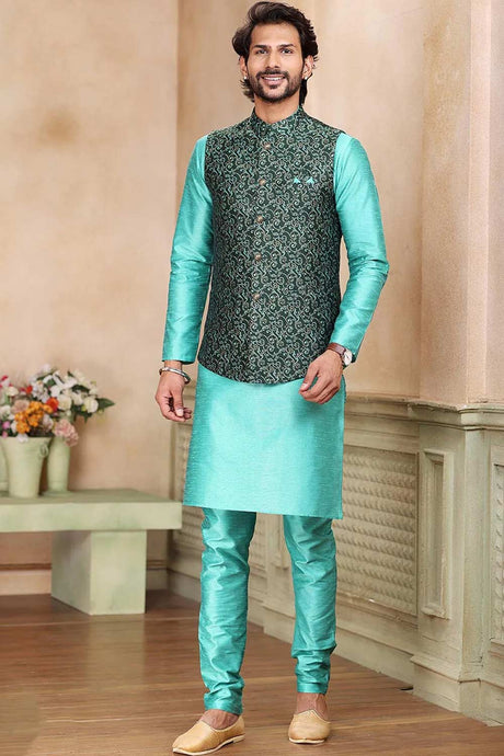 Buy Men's Green Jacquard Banarasi Silk Kurta Pajama Jacket Set  Online