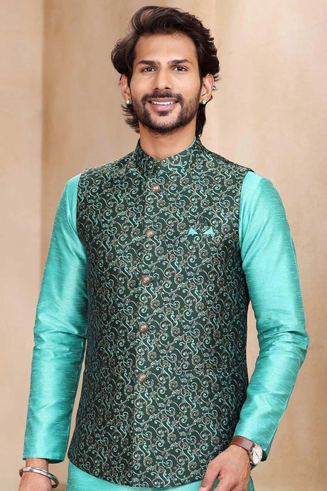 Buy Men's Pista Green Jacquard Banarasi Silk Kurta Pajama Jacket Set  Online - Back