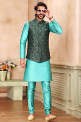 Buy Men's Pista Green Jacquard Banarasi Silk Kurta Pajama Jacket Set  Online - Front