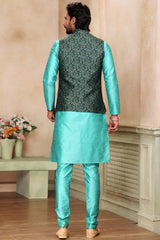 Buy Men's Pista Green Jacquard Banarasi Silk Kurta Pajama Jacket Set  Online - Side