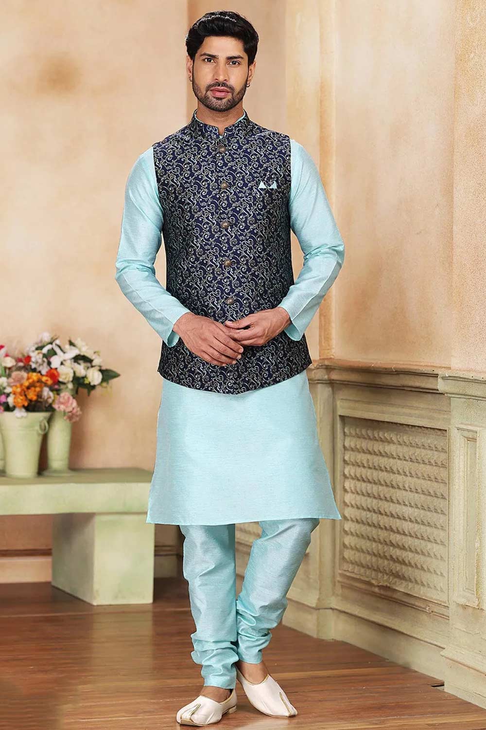 Buy Men's Navy Blue Jacquard Banarasi Silk Kurta Pajama Jacket Set  Online