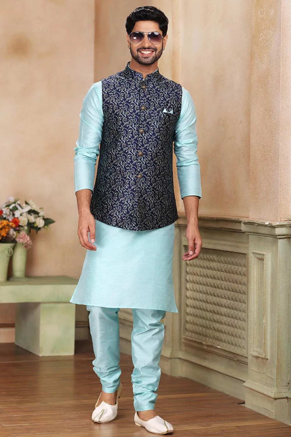 Buy Men's Beige Jacquard Banarasi Silk Kurta Pajama Jacket Set  Online - Front