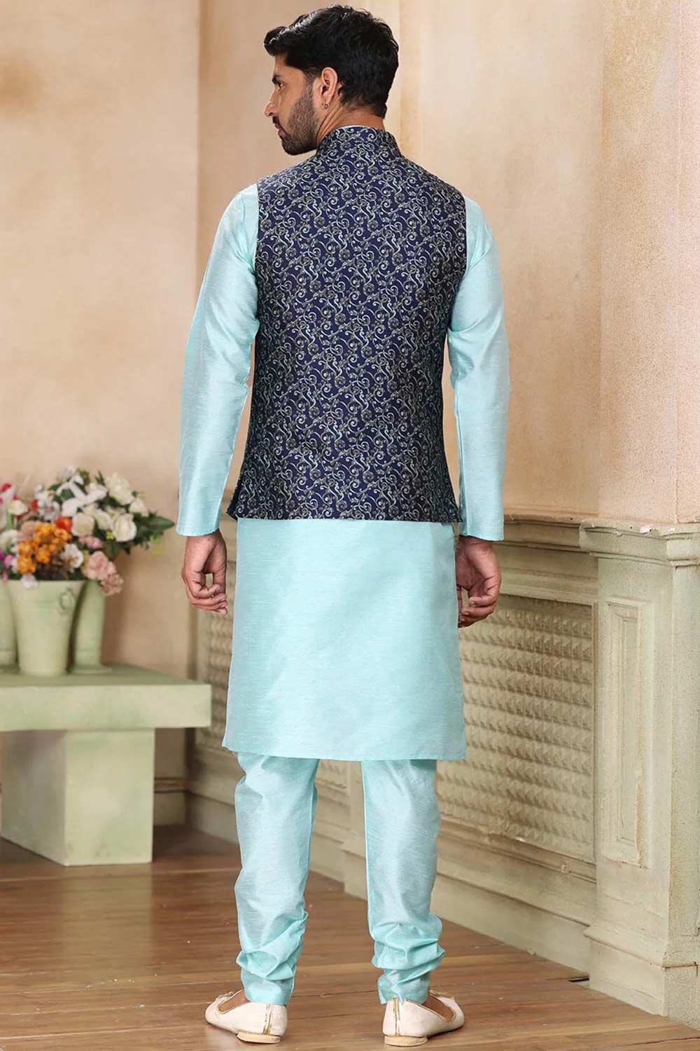 Buy Men's Beige Jacquard Banarasi Silk Kurta Pajama Jacket Set  Online - Side
