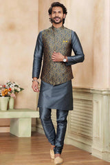 Buy Men's Dark Grey Jacquard Banarasi Silk Kurta Pajama Jacket Set  Online