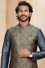 Buy Men's Pista Green Jacquard Banarasi Silk Kurta Pajama Jacket Set  Online - Back