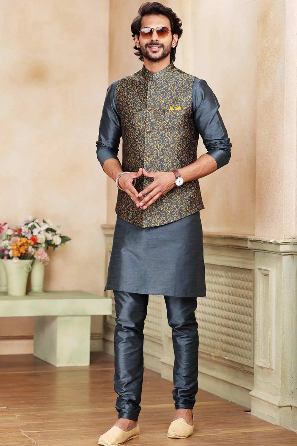Buy Men's Pista Green Jacquard Banarasi Silk Kurta Pajama Jacket Set  Online - Front