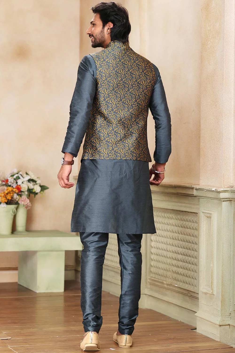 Buy Men's Pista Green Jacquard Banarasi Silk Kurta Pajama Jacket Set  Online - Side