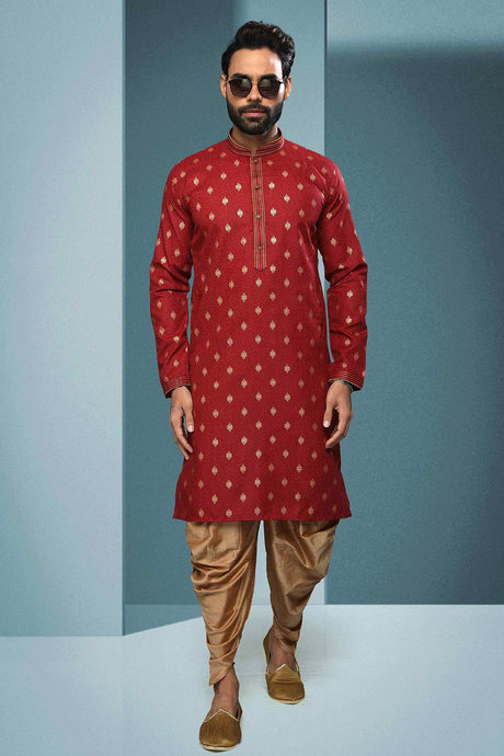 Buy Red Silk Embroidered Kurta Dhoti Set Online - Karmaplace