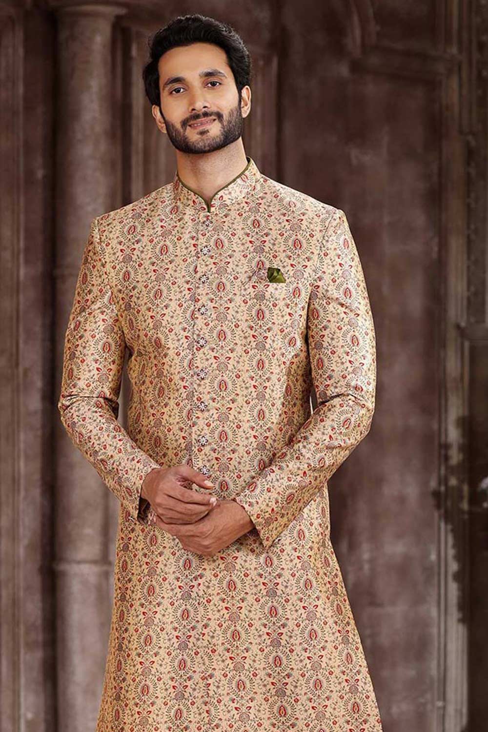 Buy Men's Grey Cotton Solid Pathani Set Online - Back