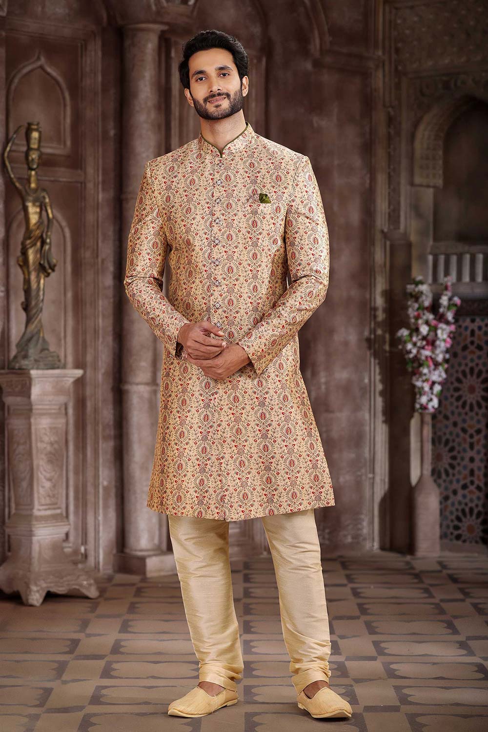 Buy Men's Beige Art Silk Printed Sherwani Set Online