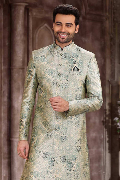 Buy Men's Light Brown Cotton Solid Pathani Set Online - Back