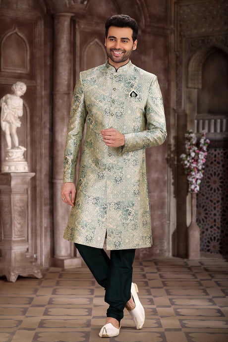 Buy Men's Light Green Art Silk Printed Sherwani Set Online