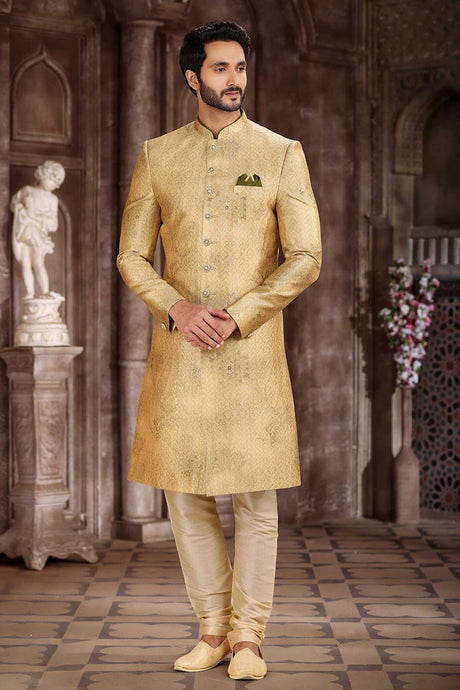 Buy Men's Yellow Art Silk Printed Sherwani Set Online
