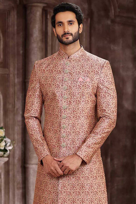 Buy Men's Dark Brown Cotton Solid Pathani Set Online - Back