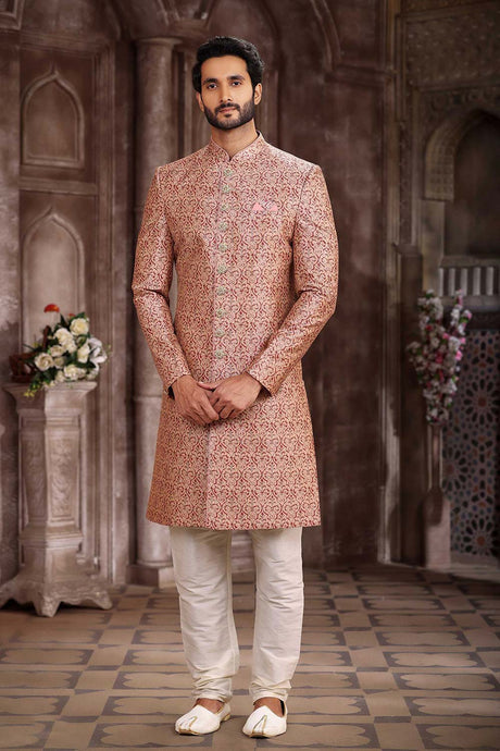 Buy Men's Peach Art Silk Printed Sherwani Set Online