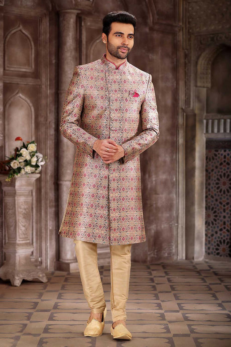 Buy Men's Rani Colour Art Silk Printed Sherwani Set Online
