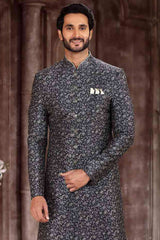 Buy Men's Yellow Art Silk Printed Sherwani Set Online - Back