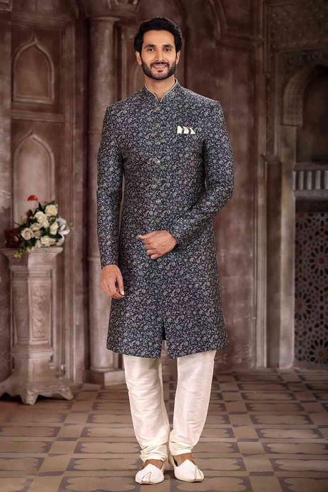Buy Men's Grey Art Silk Printed Sherwani Set Online