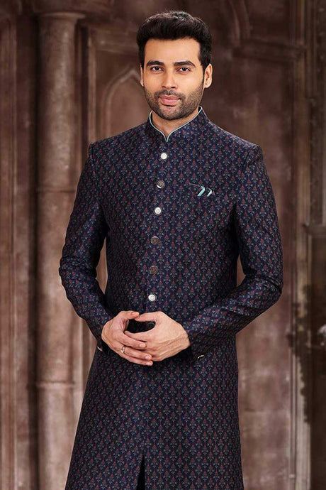 Buy Men's Onion Pink Art Silk Printed Sherwani Set Online - Back